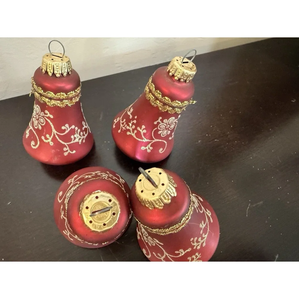 CHRISTMAS BY KREBS Glass BELL Ornaments Red w/ Gold Glitter Set of 4 No Box